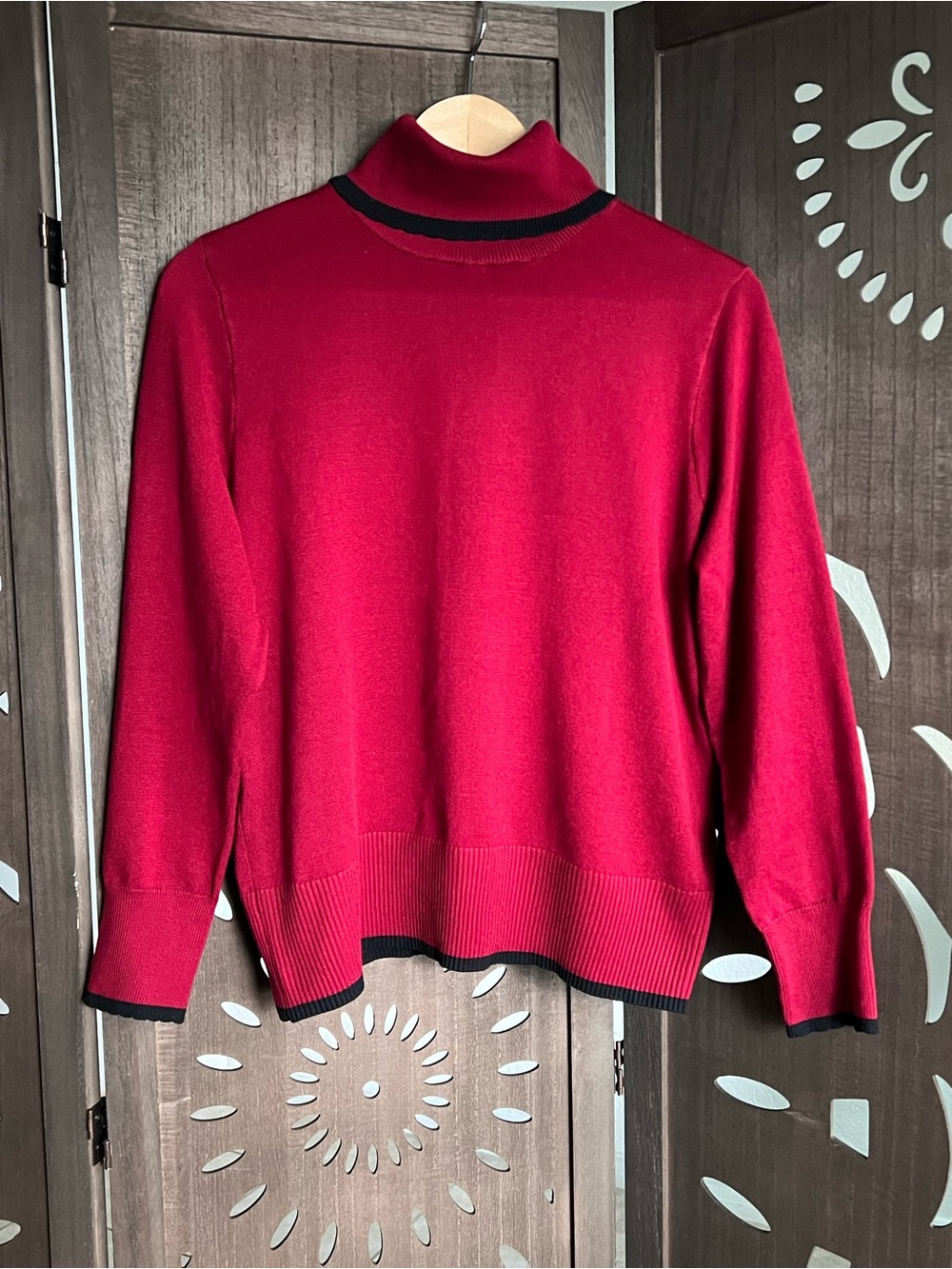 Women’s Red Turtleneck Sweater with Black Trim